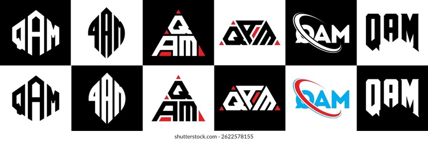 QAM letter logo design in six style. QAM polygon, circle, triangle, hexagon, flat and simple style with black and white color variation letter logo set in one artbQArd. QAM minimalist and classic logo