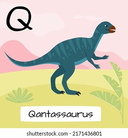 Qantassaurus dinosaur. Letter T. Children's alphabet education. Vector illustration of a prehistoric dinosaur.