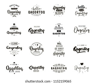 Qaqortoq. Greeting cards, vector design. Isolated logos. Typography set.