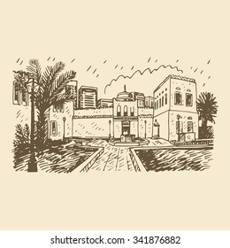 The Qasr al-Hosn, also known as the White Fort. The oldest stone building in Abu Dhabi, United Arab Emirates. Vector hand drawn sketch