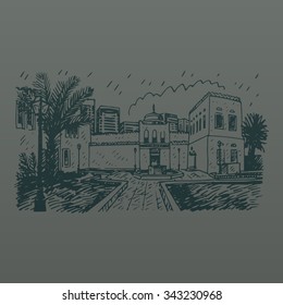 The Qasr al-Hosn, also known as the White Fort. The oldest stone building in Abu Dhabi, United Arab Emirates. Vector hand drawn sketch