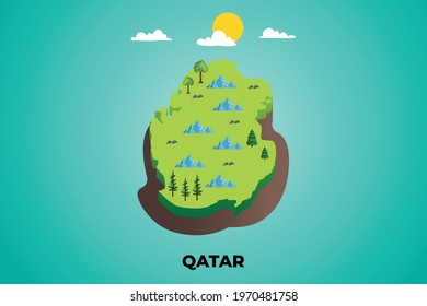 Qatar 3d isometric map with topographic details mountains, trees and soil vector illustration design