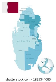 Qatar administrative blue-green map with country flag and location on a globe. Vector illustration