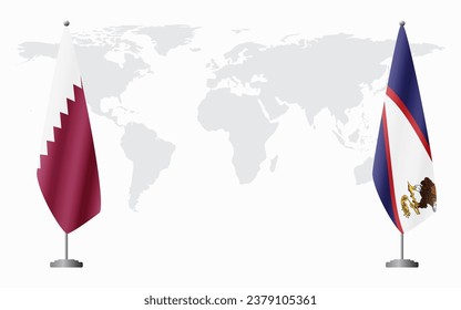  Qatar and American Samoa flags for official meeting against background of world map.