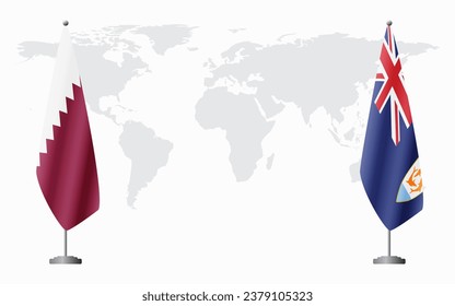  Qatar and Anguilla flags for official meeting against background of world map.