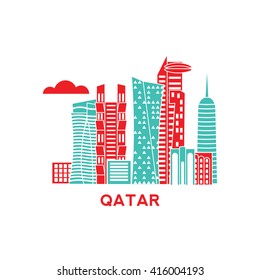 Qatar architecture retro vector illustration, skyline city silhouette, skyscraper, flat design