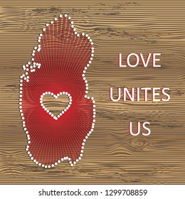 Qatar art vector map with heart. String art, yarn and pins on wooden board texture. Love unites us. Message of love.