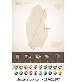 Qatar and Asia maps, plus extra set of isometric icons & cartography symbols set