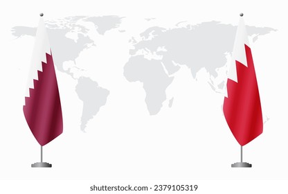  Qatar and Bahrain flags for official meeting against background of world map.