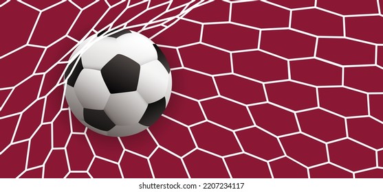 Qatar, ball in goal. Soccer, football cup 2022 game. Vector background banner. World wk, ek play model. Sport finale or school, sports game cup. Street ball games. Net raster. Football goal