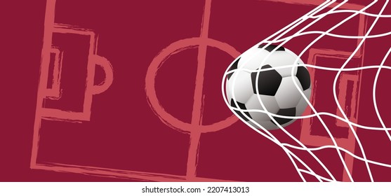 Qatar, ball in goal. Soccer, football cup 2022 game. Vector background banner. wk, ek play model. Sport finale or school, sports game cup. Street ball games. Football goal