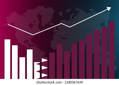 Qatar bar chart graph with ups and downs, increasing values, Qatar country flag on bar graph, upward rising arrow on data, news banner idea, developing country concept