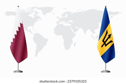  Qatar and Barbados flags for official meeting against background of world map.