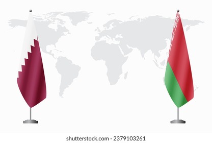  Qatar and Belarusian flags for official meeting against background of world map.