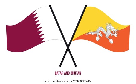 Qatar and Bhutan Flags Crossed And Waving Flat Style. Official Proportion. Correct Colors.
