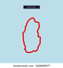 Qatar bold outline map. Glossy red border with soft shadow. Country name plate. Vector illustration.