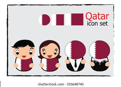 Qatar boy, girl, businessman, business women cartoon vector illustration and Qatar round, square and normal flag icon set
