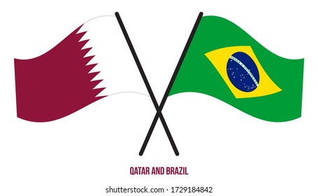 Qatar and Brazil Flags Crossed And Waving Flat Style. Official Proportion. Correct Colors.