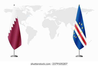  Qatar and Cape Verde flags for official meeting against background of world map.