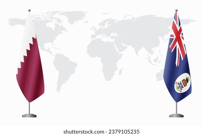  Qatar and Cayman Islands flags for official meeting against background of world map.