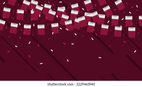 Qatar celebration bunting flags with confetti and ribbons on red background. vector illustration.