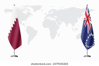  Qatar and Cook Islands flags for official meeting against background of world map.