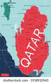 Qatar country detailed editable map with regions cities and towns, roads and railways, geographic sites. Vector EPS-10 file