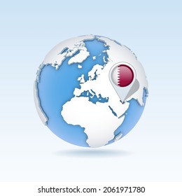 Qatar - country map and flag located on globe, world map. 3D Vector illustration