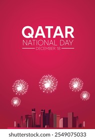 Qatar day poster cityscape with fireworks vector poster