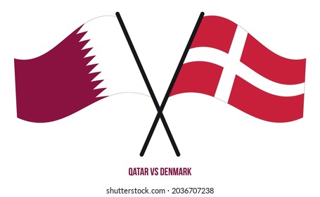 Qatar and Denmark Flags Crossed And Waving Flat Style. Official Proportion. Correct Colors.