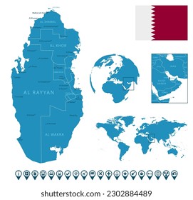 Qatar - detailed blue country map with cities, regions, location on world map and globe. Infographic icons. Vector illustration