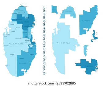 Qatar - detailed map of the country in blue colors, divided into regions. Infographic icons. Vector illustration.