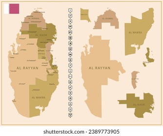 Qatar - detailed map of the country in brown colors, divided into regions. Vector illustration