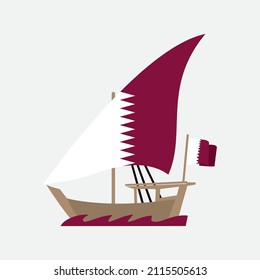 Qatar Dhow is an Arab vessel generally with one mast and used for trading goods and sometimes transporting slaves, vintage line drawing or engraving illustration.
