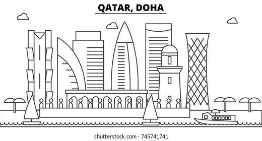 Qatar, Doha architecture skyline buildings, silhouette, outline landscape, landmarks. Editable strokes. Urban skyline illustration. Flat design vector, line concept