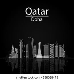 Qatar, Doha Skyline. With Silhouette of the City, Modern Architectural Buildings