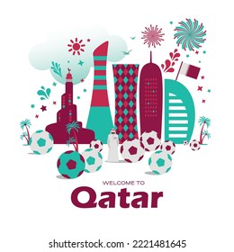 Qatar Doha skyline with silhouette of the modern city Futuristic and football soccer illustration abstract background