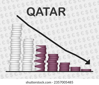 Qatar economic collapse, decreasing values with coins, crisis and downgrade concept, Qatar flag with changes, falling arrow, news banner idea, fail and decrease, financial decline