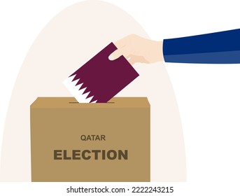 Qatar election and vote concept, political selection, man hand and ballot box, democracy and human rights idea, election day, vector asset with Qatar flag