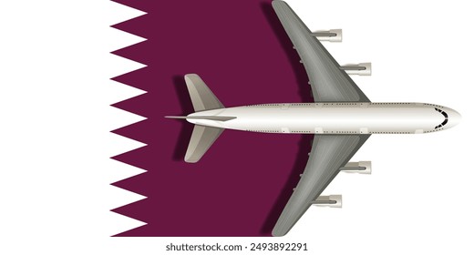 Katar-Flagge mit einem Flugzeug, das aus nächster Nähe darüber fliegt. Vektorgrafik Bild.