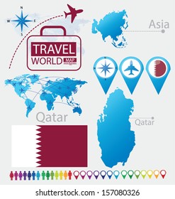 Qatar. bandera. Asia. Mapa mundial. Ilustración vectorial de viaje.