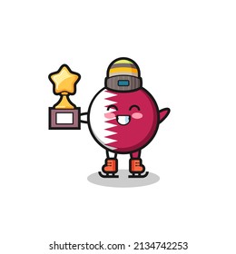 qatar flag badge cartoon as an ice skating player hold winner trophy , cute style design for t shirt, sticker, logo element