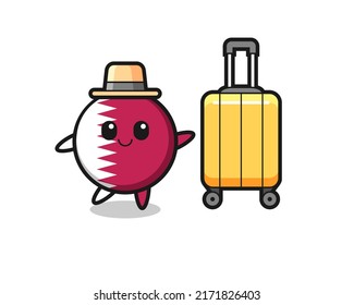 qatar flag badge cartoon illustration with luggage on vacation , cute style design for t shirt, sticker, logo element