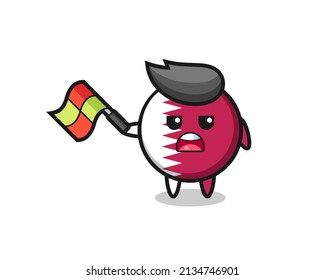 qatar flag badge cartoon as the line judge hold the flag up at a 45 degree angle , cute style design for t shirt, sticker, logo element