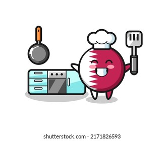 qatar flag badge character illustration as a chef is cooking , cute style design for t shirt, sticker, logo element