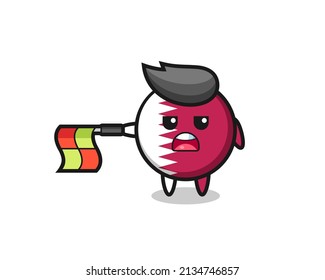 qatar flag badge character as line judge hold the flag straight horizontally , cute style design for t shirt, sticker, logo element