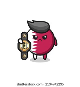 qatar flag badge mascot character as a MMA fighter with the champion belt , cute style design for t shirt, sticker, logo element