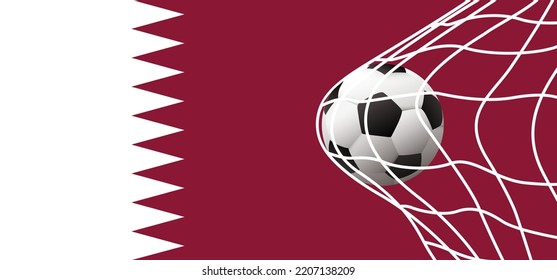 Qatar flag, ball in goal. Soccer, football cup 2022 game. Vector background banner. World wk, ek play model. Sport finale or school, sports game cup. Street ball games. Net raster