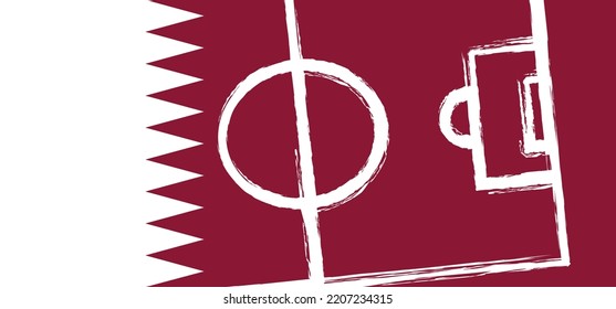 Qatar flag, ball in goal. Soccer, football cup 2022 game. Vector background banner. World wk, ek play model. Sport finale or school, sports game cup. Street ball games