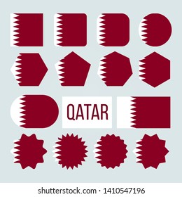 Qatar Flag Collection Figure Icons Set Vector. White Band Separated From Maroon Area On Fly Side By Nine Triangles Which Act As Serrated Line On Symbol Of Qatar. Flat Cartoon Illustration